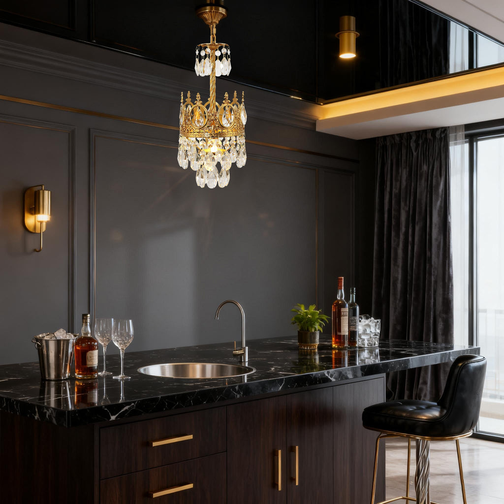 6 Inch Mini Crystal Pendant Light for Kitchen Island Empire Style Brass Crystal Chandelier-铜灯-Manorlights