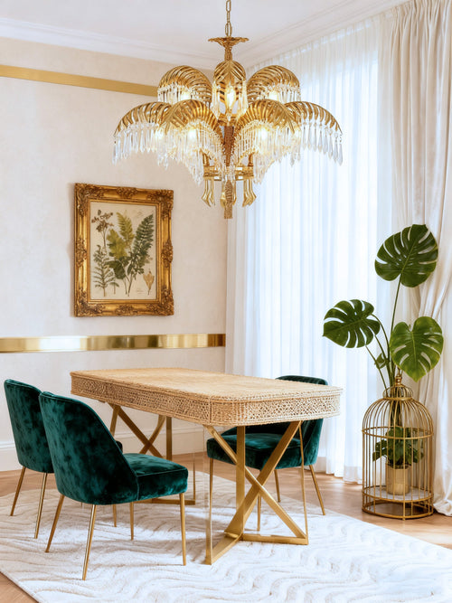 30 Inch Wide 2-Layer Palm Tree Brass and Crystal Chandelier Light-铜灯-Manorlights