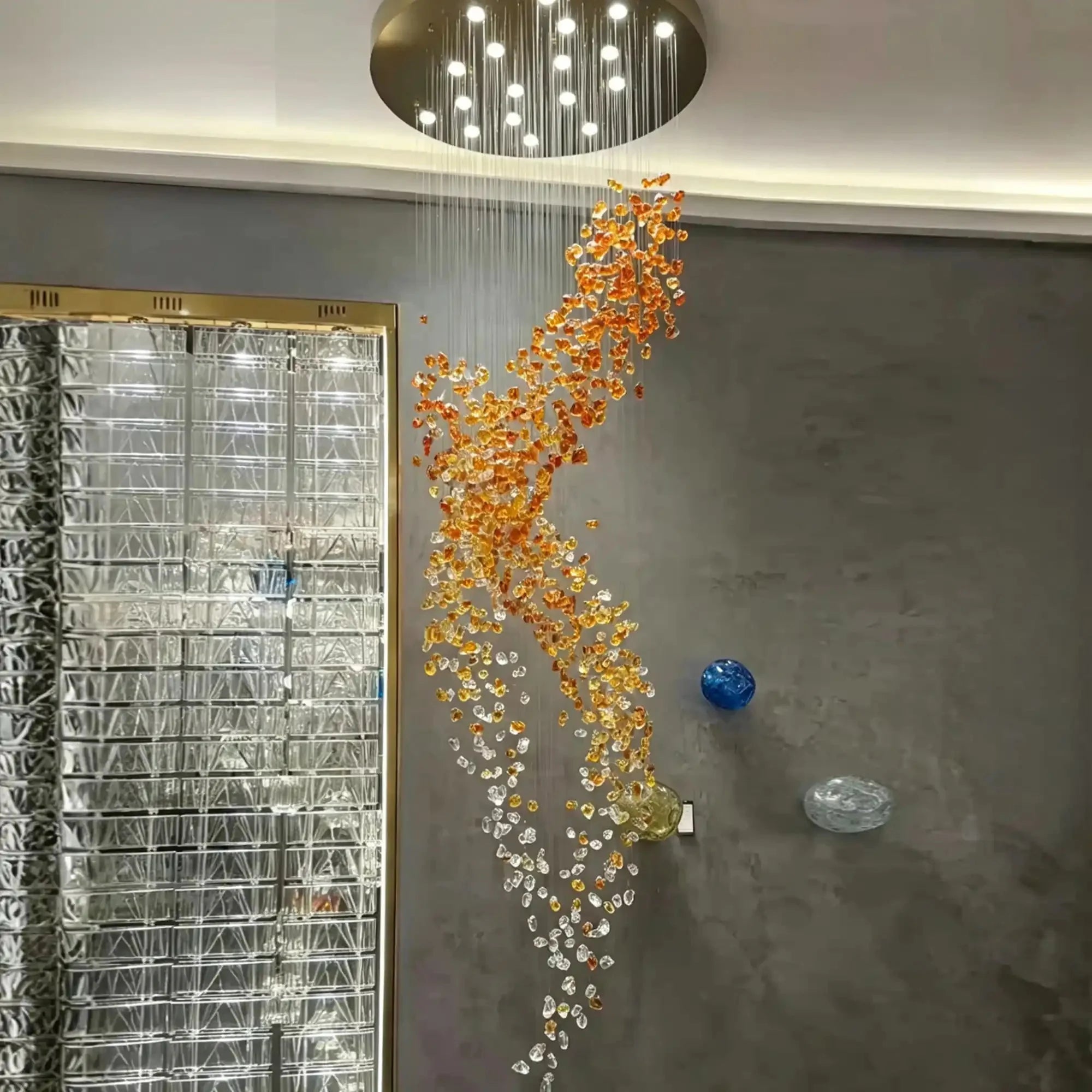 Amber Art Glass Spiral Chandelier for Staircase & High Ceiling Foyer - D39.4"*H118.5"(D100cm*H301cm)Warm LightManorlights