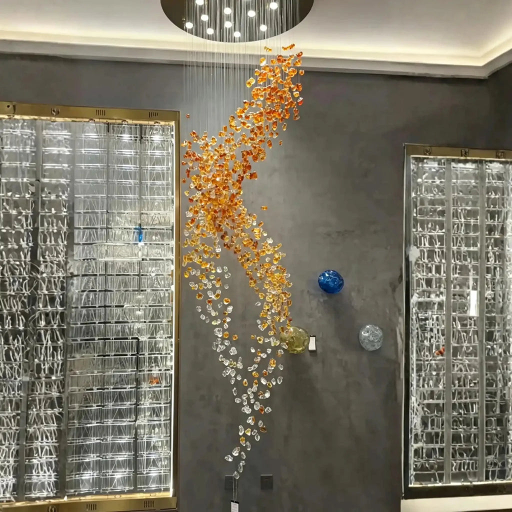 Amber Art Glass Spiral Chandelier for Staircase & High Ceiling Foyer - D39.4"*H118.5"(D100cm*H301cm)Warm LightManorlights