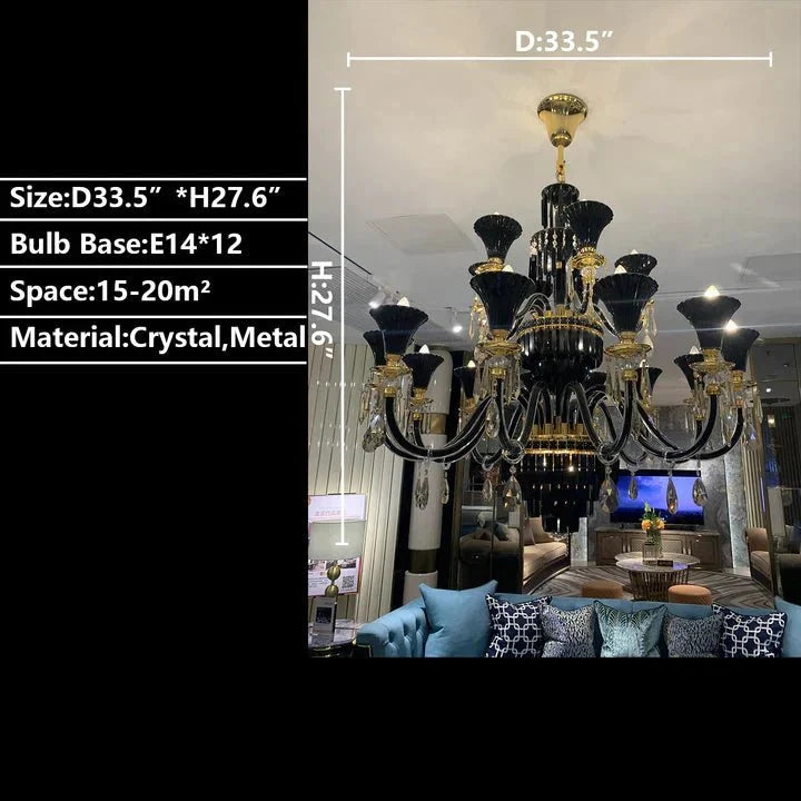 American Traditional Branch Crystal Chandelier with Candle Design in Black and Gold - 12 Lights:D33.5"*H27.6"Warm LightManorlights