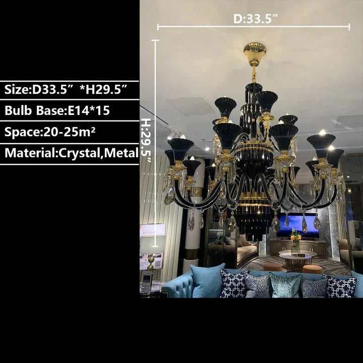 American Traditional Branch Crystal Chandelier with Candle Design in Black and Gold - 12 Lights:D33.5"*H27.6"Warm LightManorlights