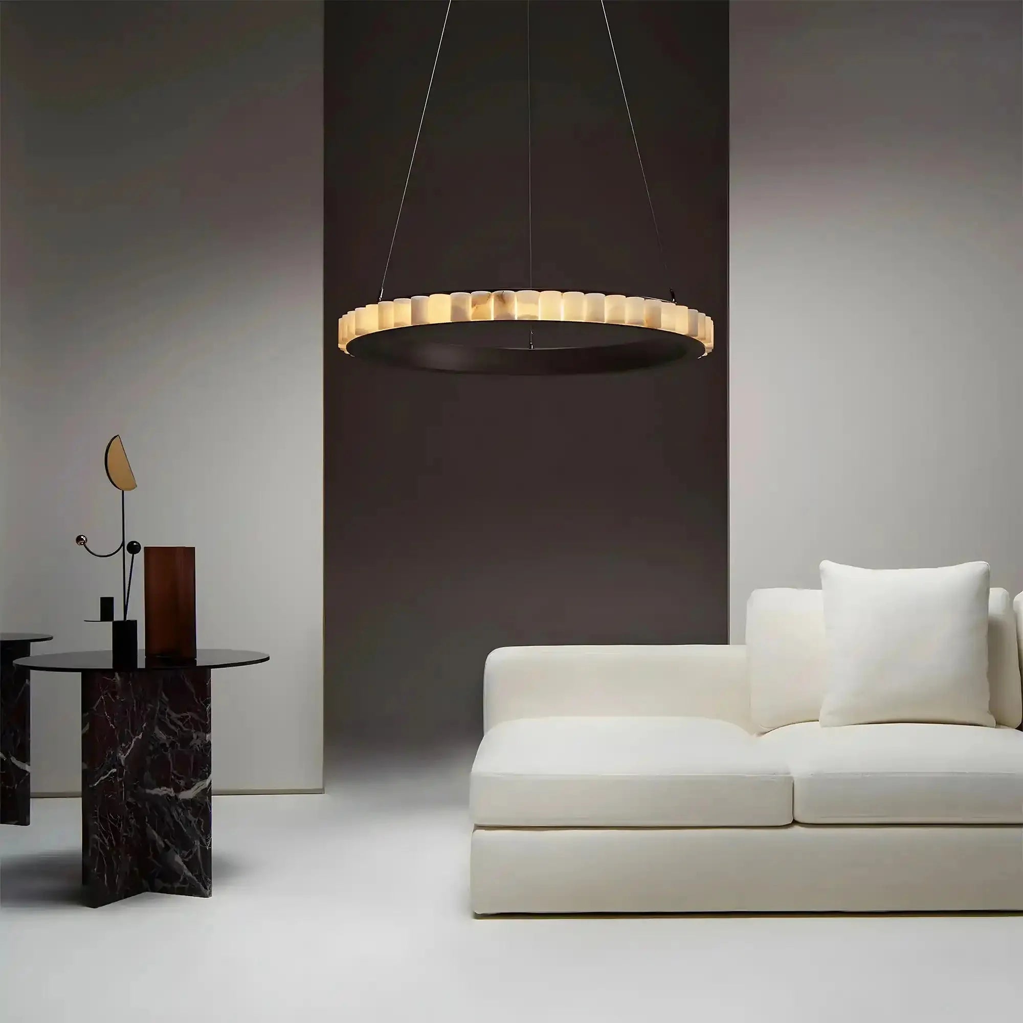 Avalon Alabaster Round Chandelier - 23.6″Dia x 59″HBlackWarm White-Manorlights