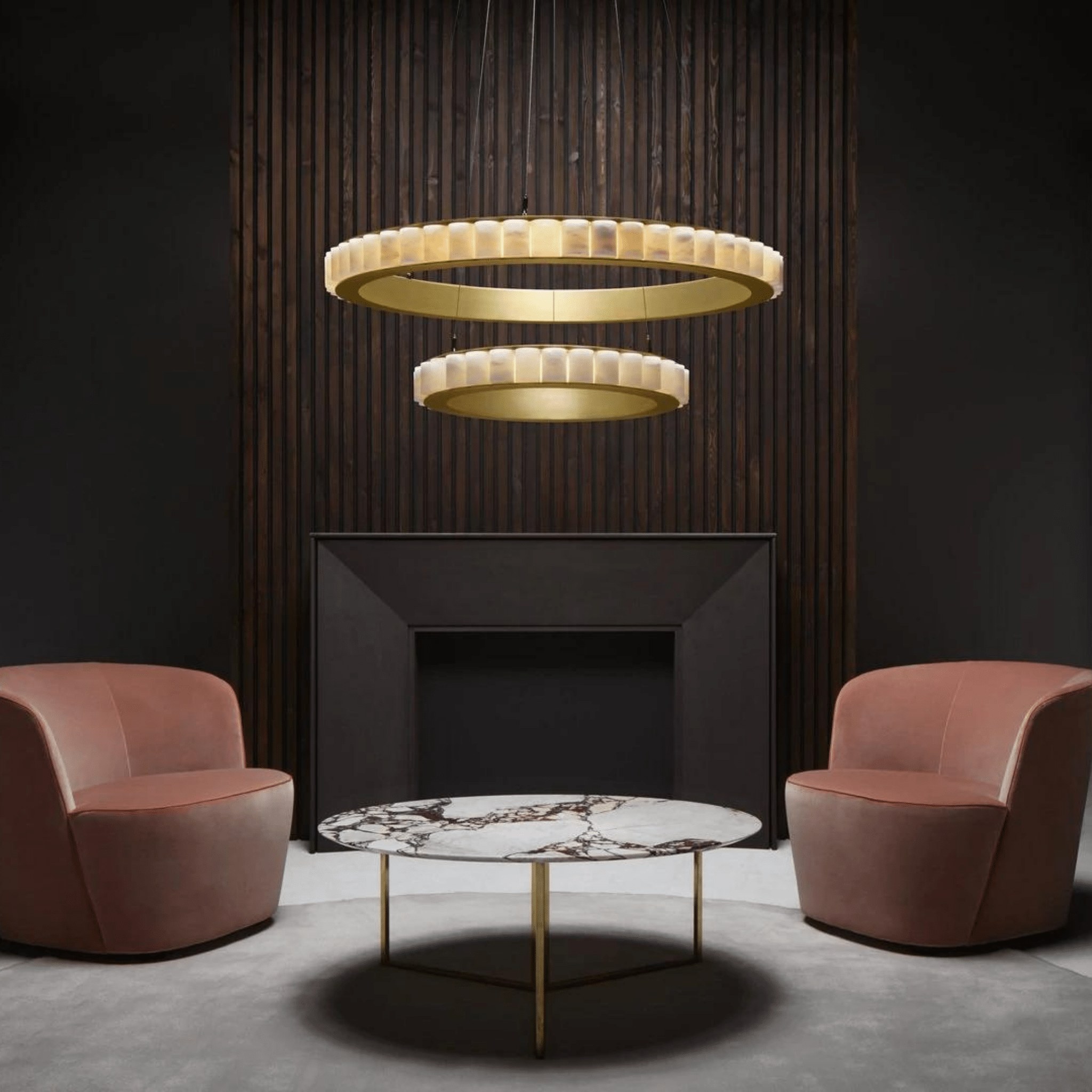 Avalon Halo Modern Chandelier - Satin Brass With Honed Alabaster Stone-Manorlights