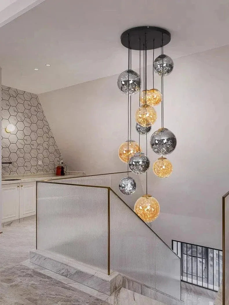 Ayla Bubble Art Contemporary Stairwell Chandelier foyer view for high ceiling entryway lighting