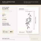 Product specification and dimension chart for a Rhea Modern Simple Staircase Chandelier by Manorlights, showing a black and golden 16-light random arrangement with measurements and material details.
