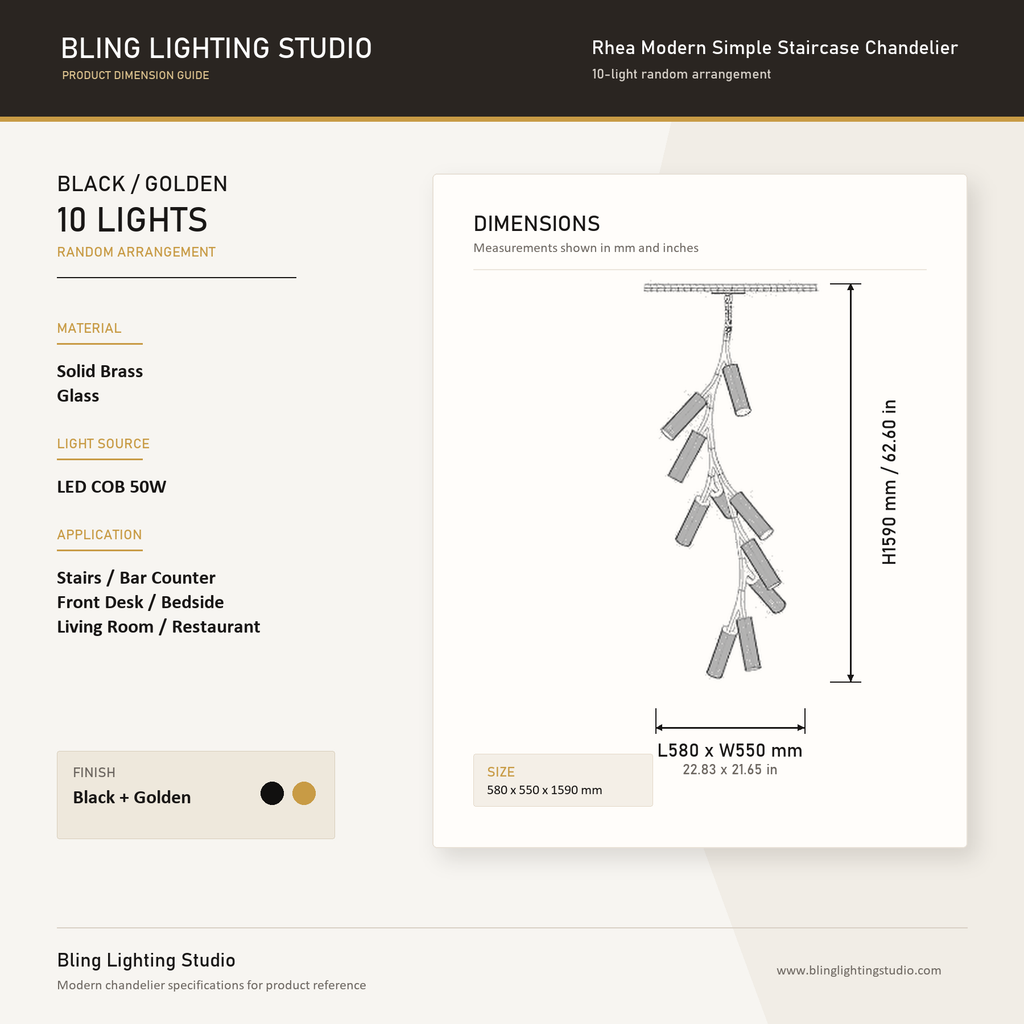 Product specification and dimension chart for the Rhea Modern Simple Staircase Chandelier by Manorlights, showing a 10-light black and gold random arrangement with measurements and material details.