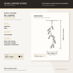 Product specification and dimension chart for the Rhea Modern Simple Staircase Chandelier by Manorlights, showing a 10-light black and gold random arrangement with measurements and material details.