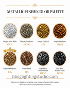 Branch series metallic finish color palette showing antique silver white, Tibetan silver brown, antique gold foil, deep golden brown, light golden brown, copper finish, light black brushed finish, and deep black brushed finish.