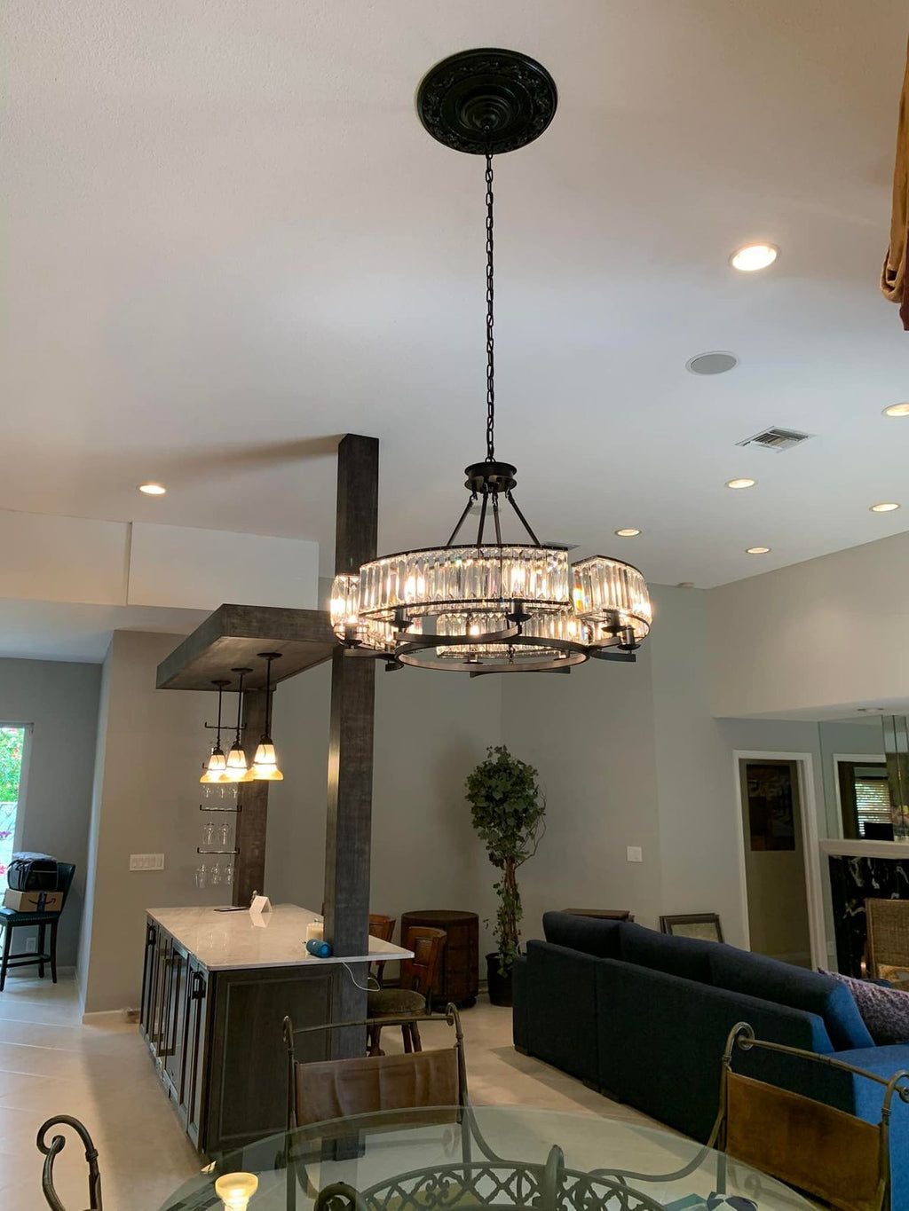 Decorative 6/ 8/ 10/ 12-Light Crystal Ceiling Chandelier Triangular Prism Island Light Fixture Metal Shade for Living Room-Manorlights