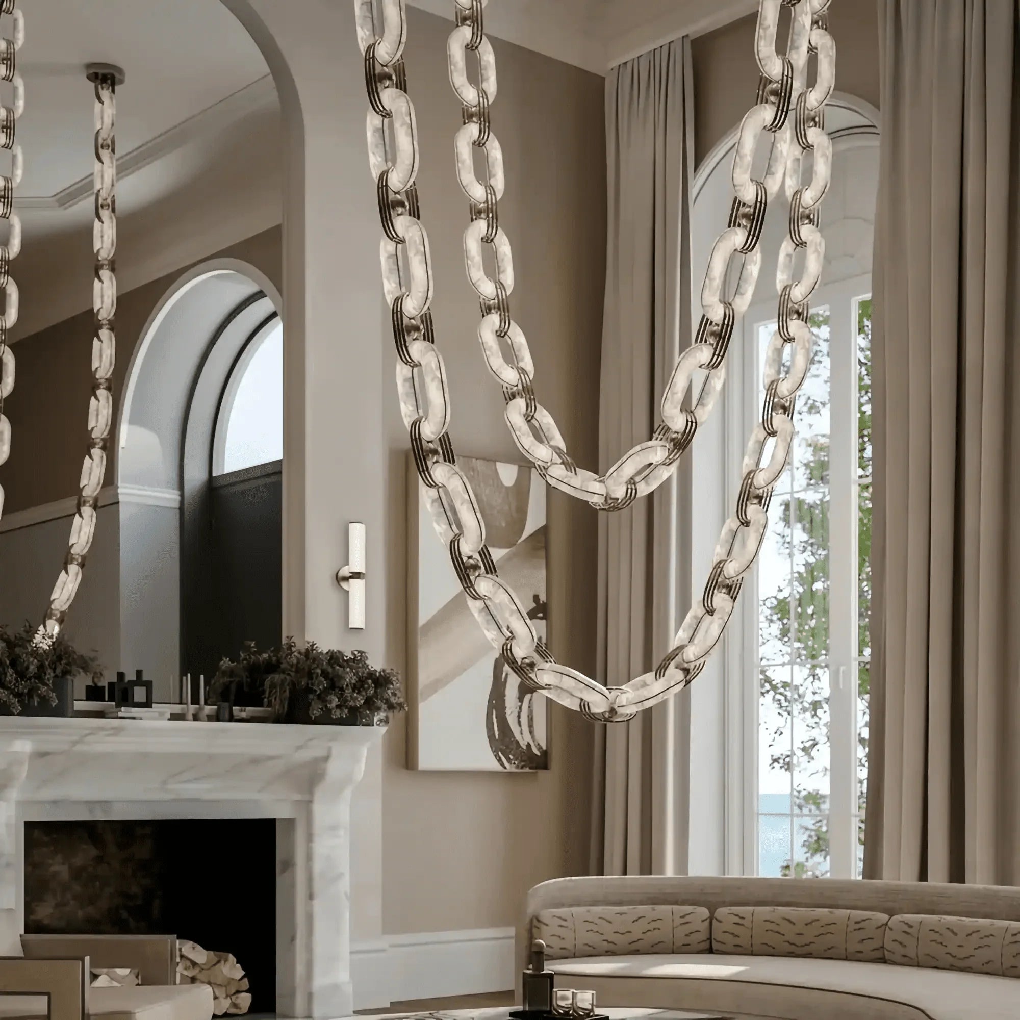 Chain Alabaster Link Chandelier - ∅ 31.5″ x H 78.7″Gold & White -  Manorlights