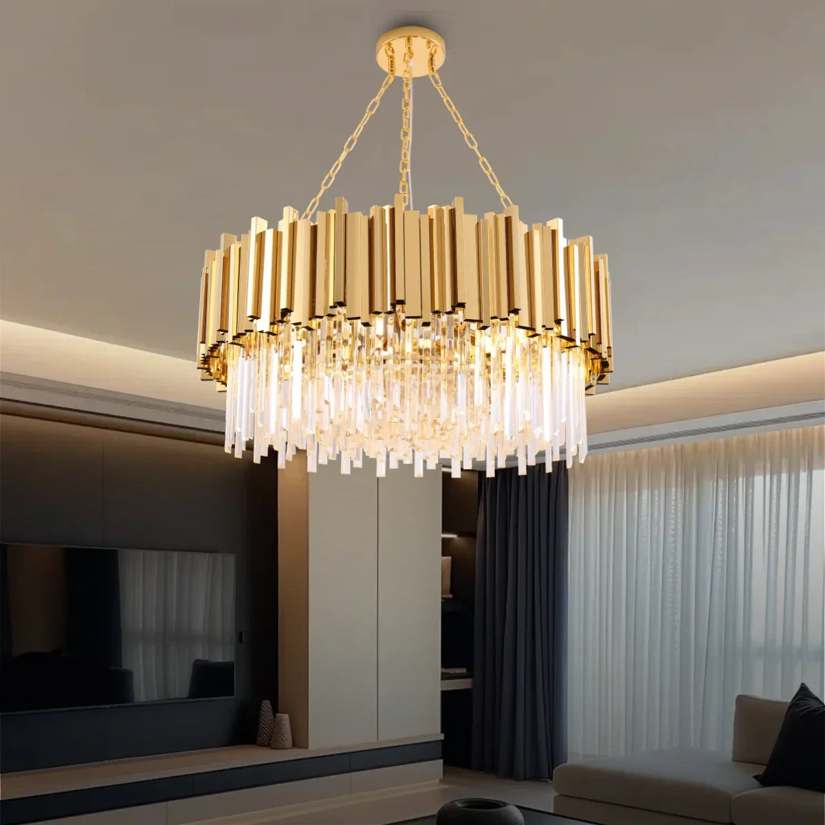 luxury crystal chandelier in modern living room interior