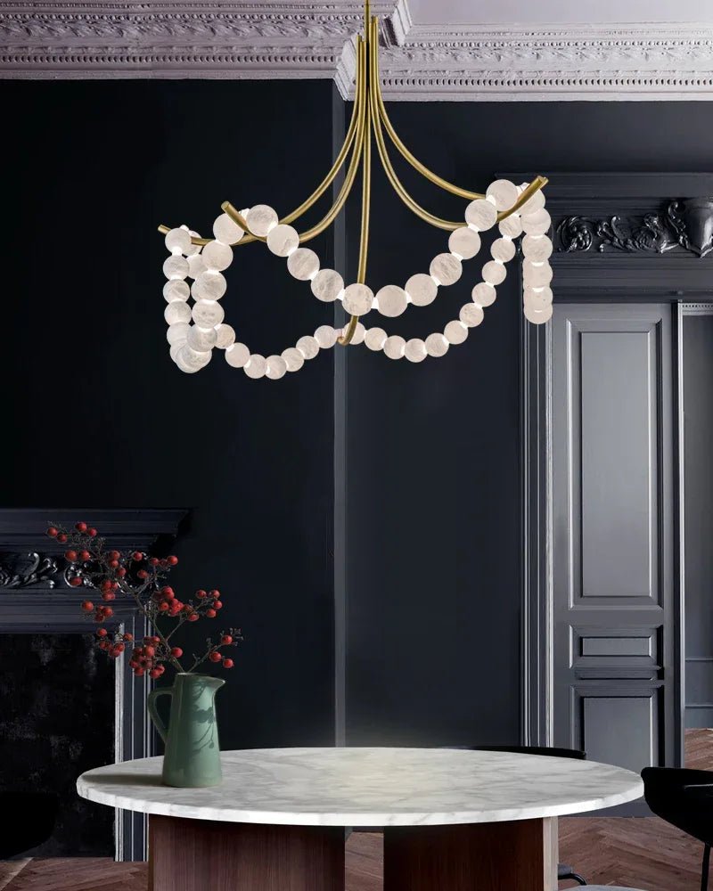 Cluster String Pearl Alabaster Chandelier in Brass & Black Metal Rod-Manorlights