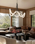 Cluster String Pearl Alabaster Chandelier in Brass & Black Metal Rod-Manorlights