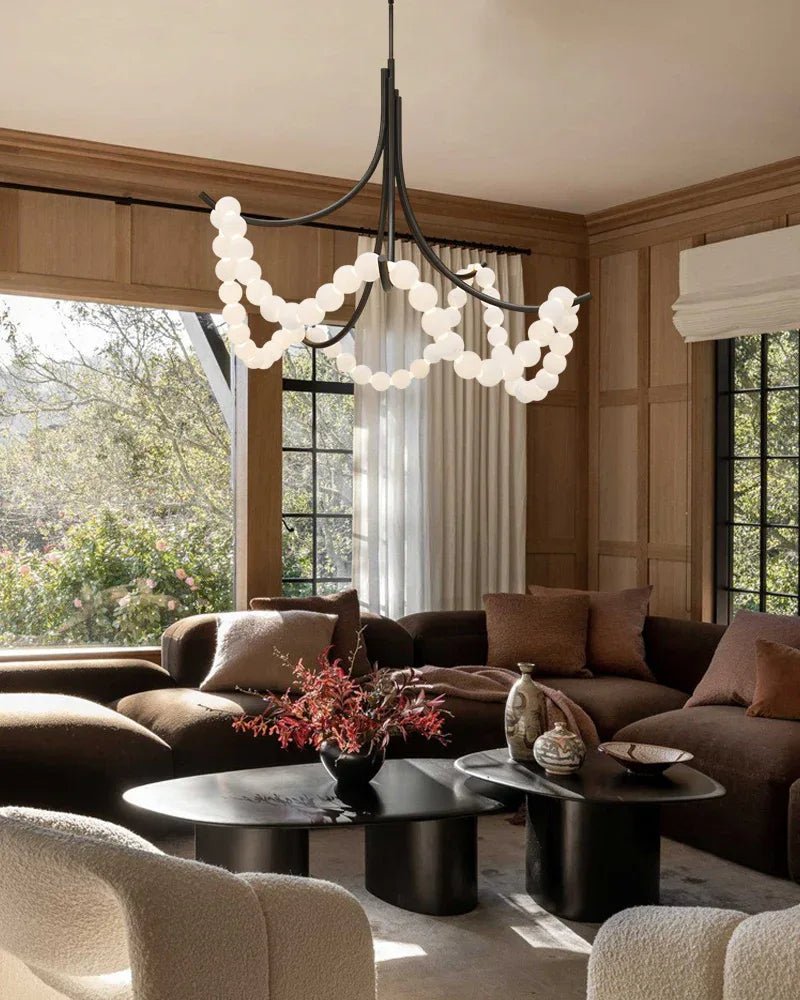 Cluster String Pearl Alabaster Chandelier in Brass & Black Metal Rod-Manorlights