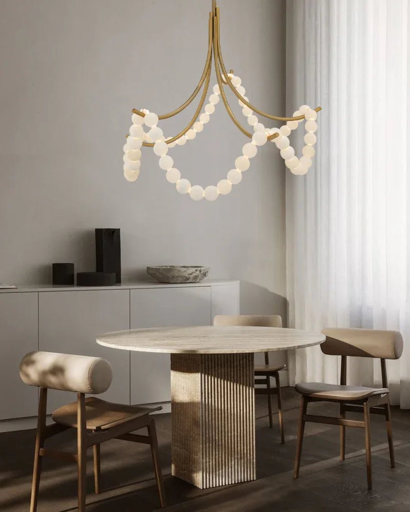 Cluster String Pearl Alabaster Chandelier in Brass & Black Metal Rod-Manorlights