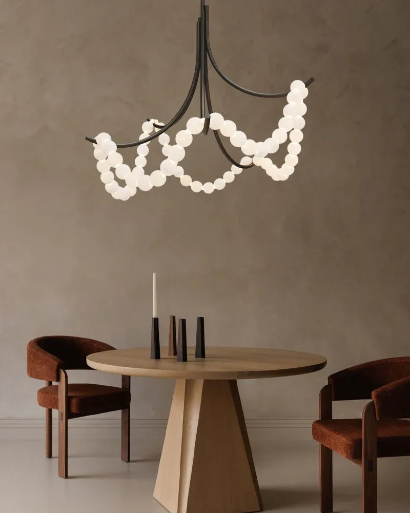 Cluster String Pearl Alabaster Chandelier in Brass & Black Metal Rod-Manorlights