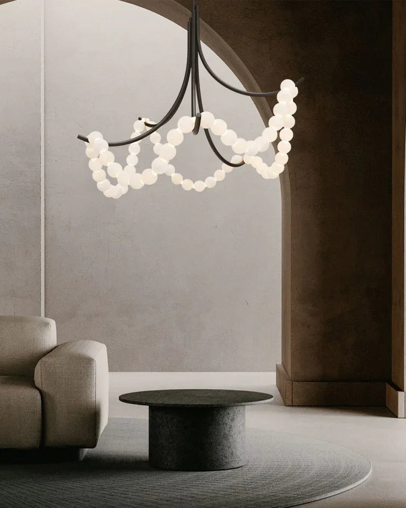 Cluster String Pearl Alabaster Chandelier in Brass & Black Metal Rod-Manorlights