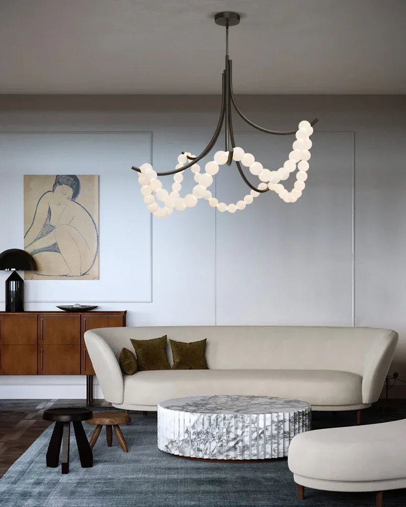 Cluster String Pearl Alabaster Chandelier in Brass & Black Metal Rod-Manorlights