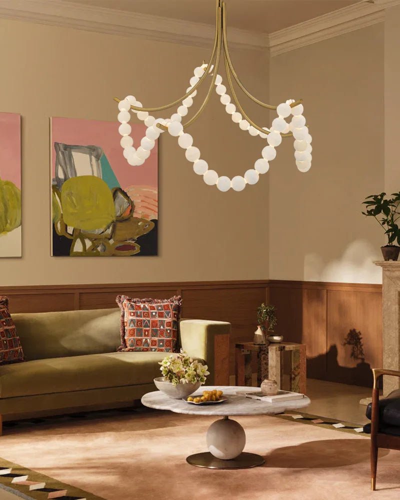 Cluster String Pearl Alabaster Chandelier in Brass & Black Metal Rod-Manorlights