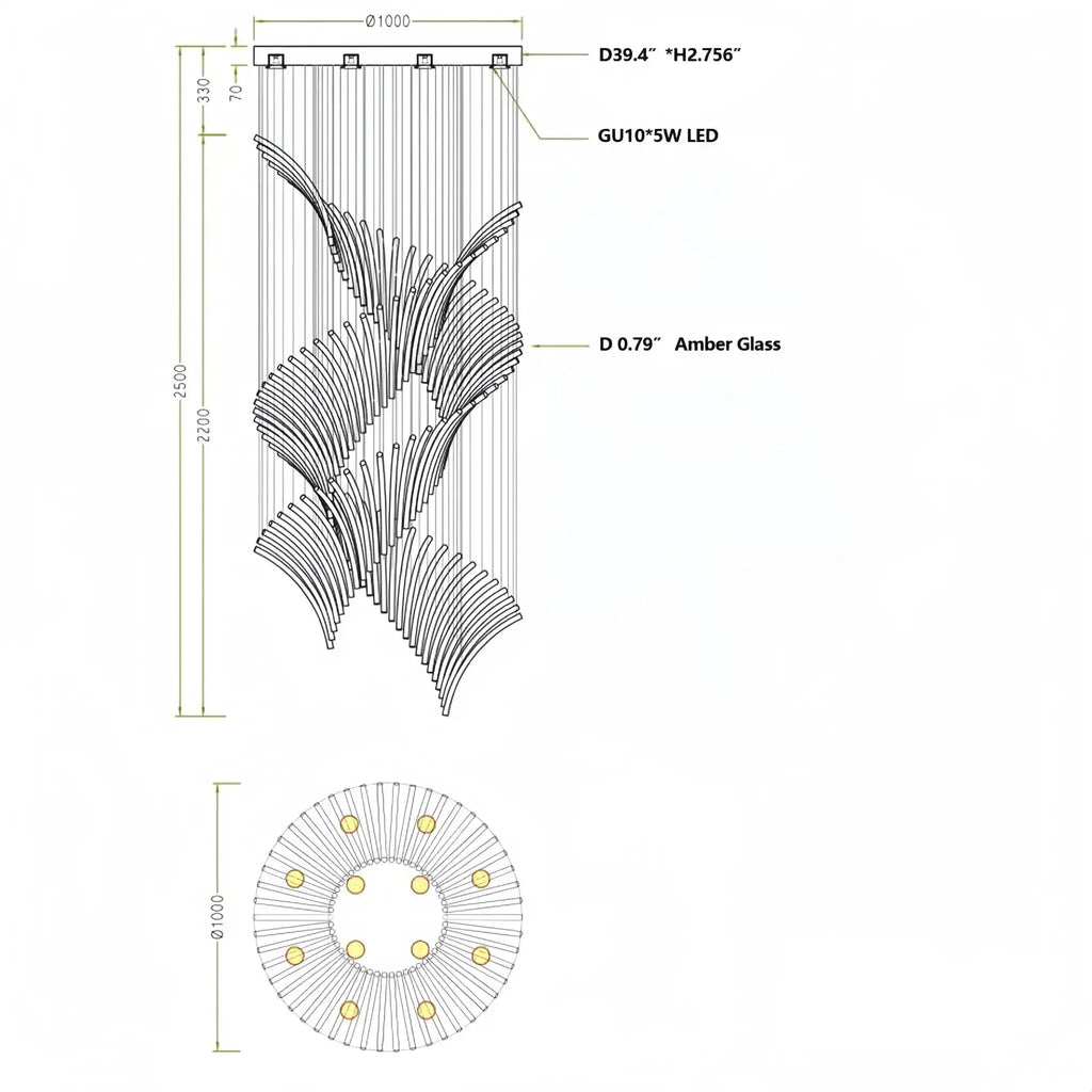 European Style Spiral Glass Chandelier for Staircase/Foyer/Hotel/Villa - D23.6"*H70.9"Warm LightBlushlighting