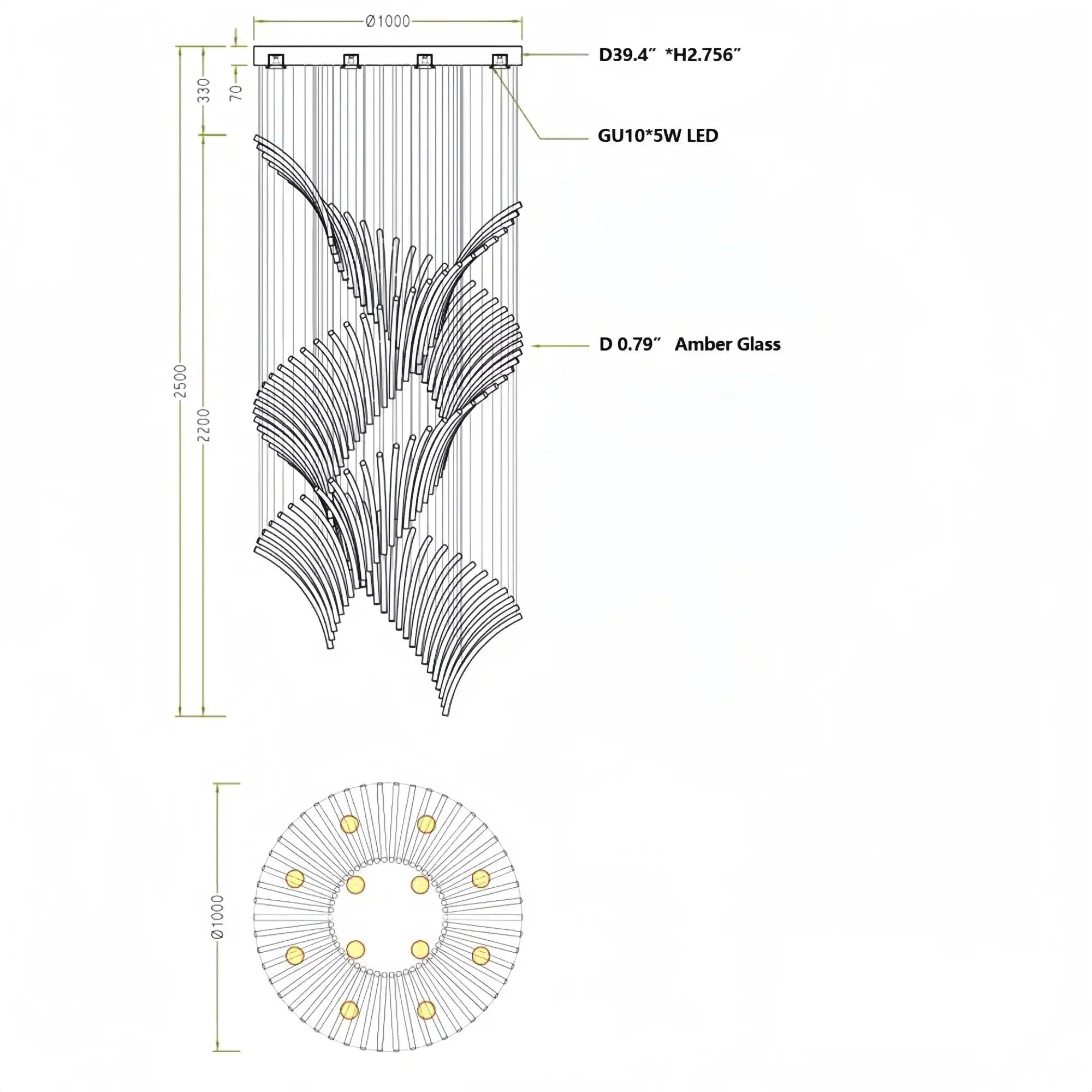 European Style Spiral Glass Chandelier for Staircase/Foyer/Hotel/Villa - D23.6"*H70.9"Warm LightBlushlighting