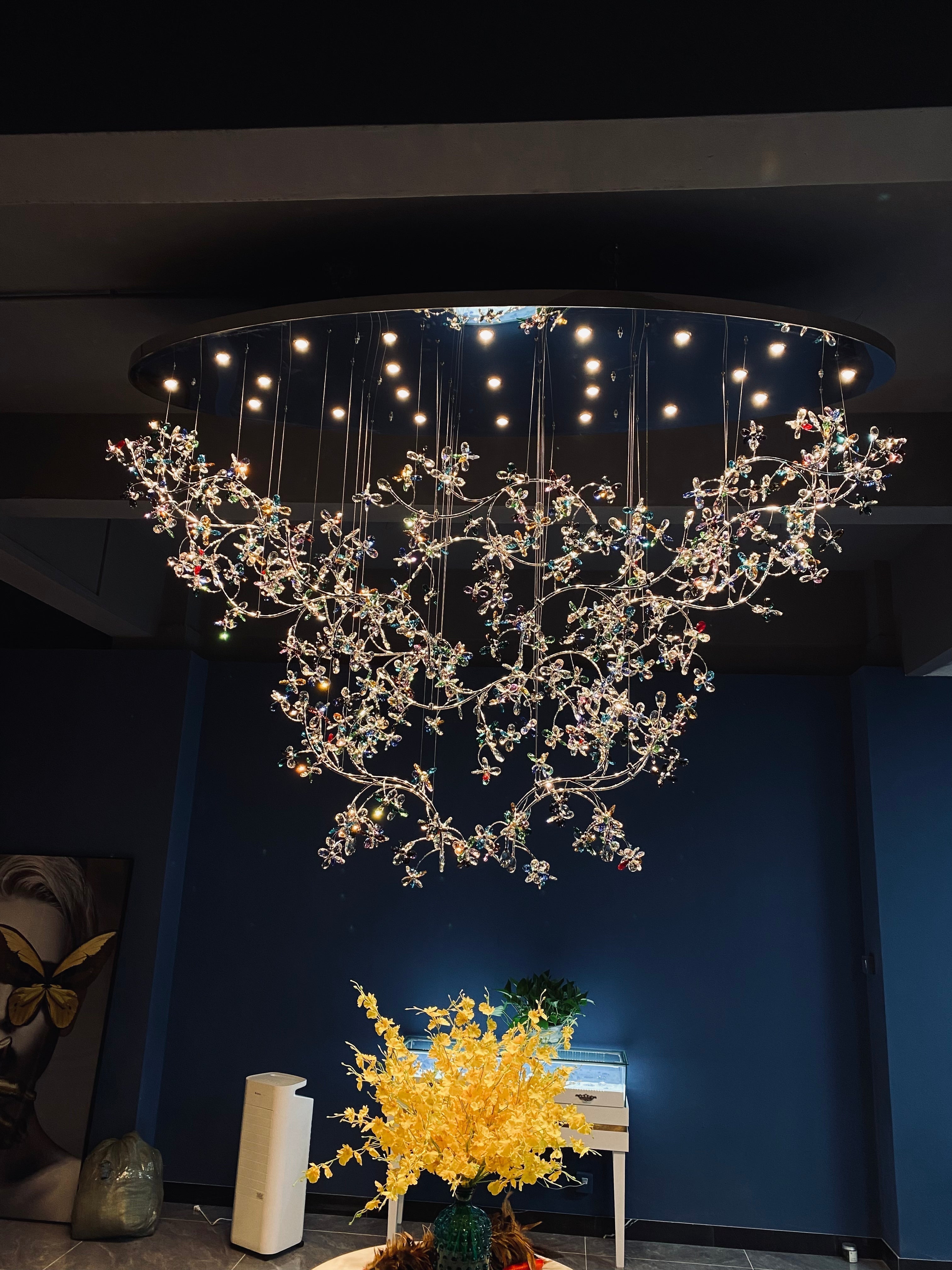 Exquisite Crystal Flower Branch Chandelier for Hotel Foyer and Entryway Ceiling Lighting Fixture - L47.2" * W17.7" * H47.2"/23.3kgChrome Branches+Chrome CanopyWarm LightManorlights