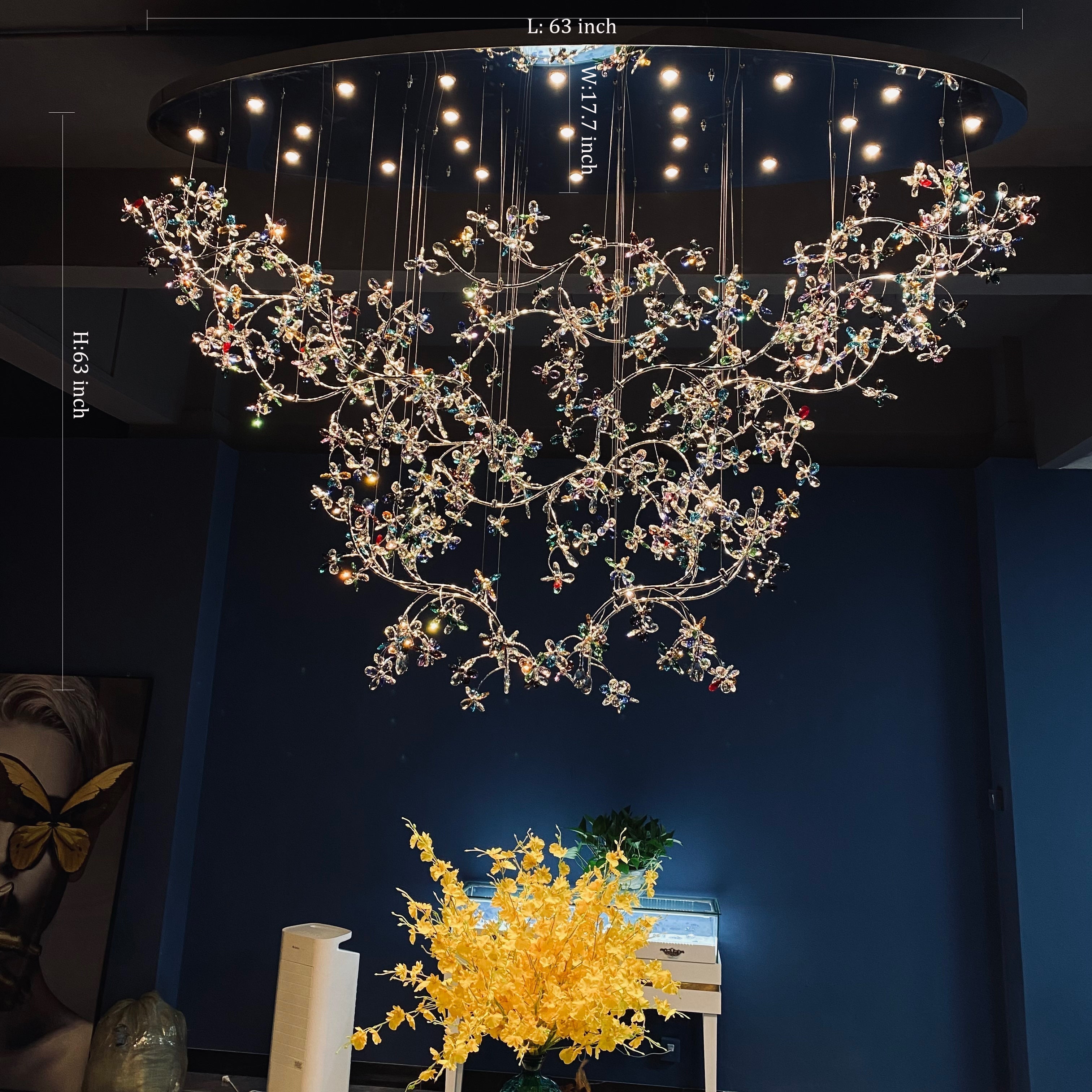 Exquisite Crystal Flower Branch Chandelier for Hotel Foyer and Entryway Ceiling Lighting Fixture - L63" * W17.7" * H63"Chrome Branches+Chrome CanopyWarm LightManorlights