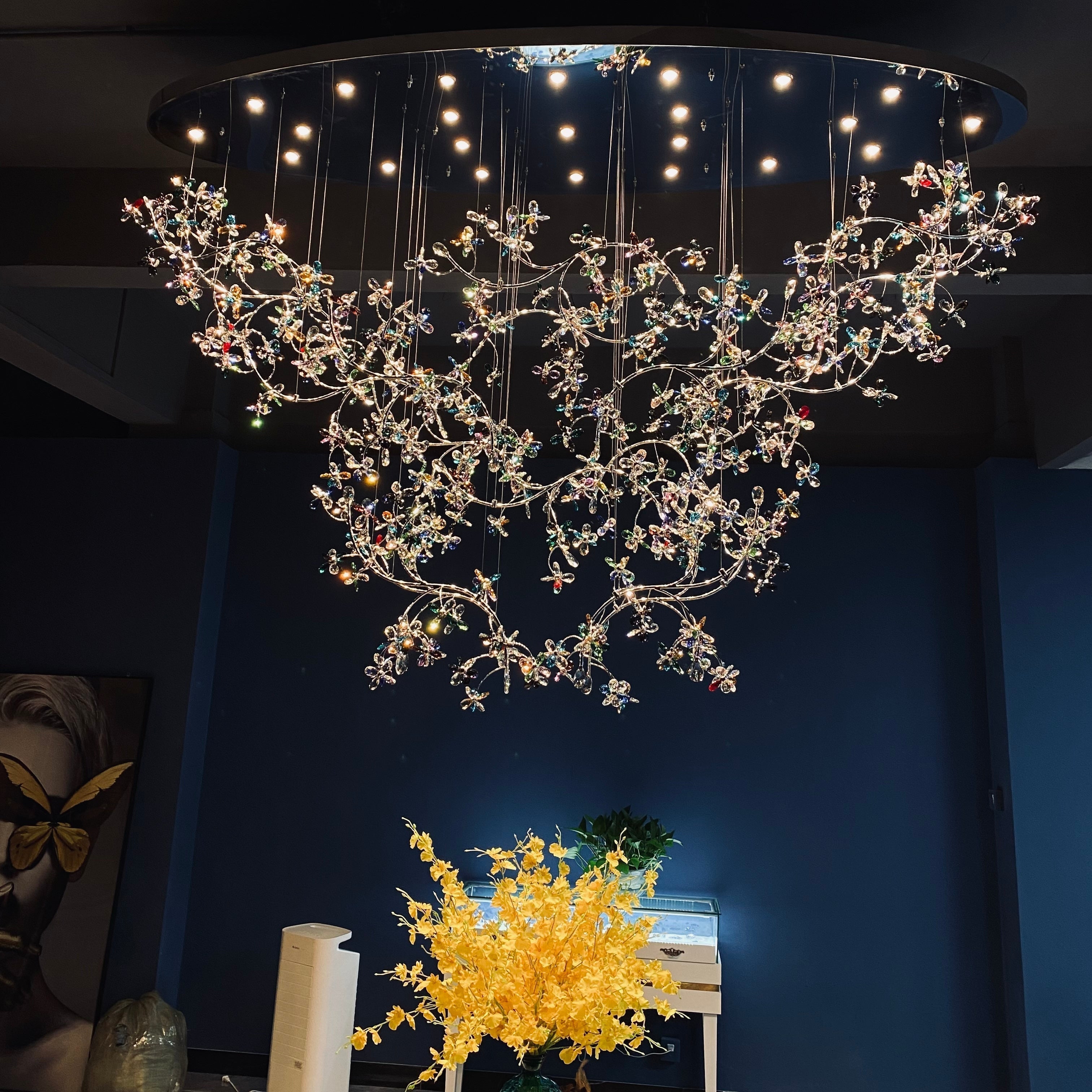 Exquisite Crystal Flower Branch Chandelier for Hotel Foyer and Entryway Ceiling Lighting Fixture - L47.2" * W17.7" * H47.2"/23.3kgChrome Branches+Chrome CanopyWarm LightManorlights