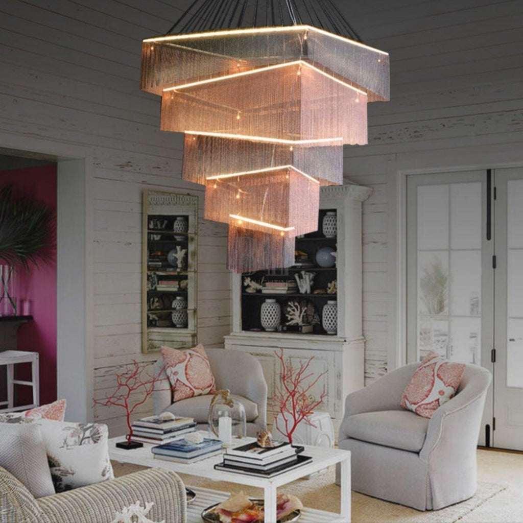 Extra Large Art Multi - tier Aluminum Chain Tassel Chandelier for High - Ceiling Room - L31.5"*W31.5"H63.0"PinkWarm Light - Manorlights