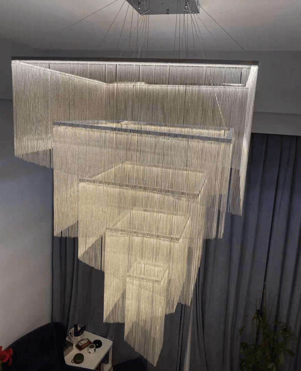 Extra Large Art Multi - tier Aluminum Chain Tassel Chandelier for High - Ceiling Room - L47.2"*W47.2"H78.7"ChromeWhite Light - Manorlights