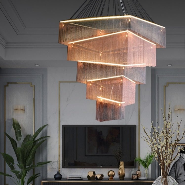 Extra Large Art Multi - tier Aluminum Chain Tassel Chandelier for High - Ceiling Room - L31.5"*W31.5"H63.0"ChromeWarm Light - Manorlights