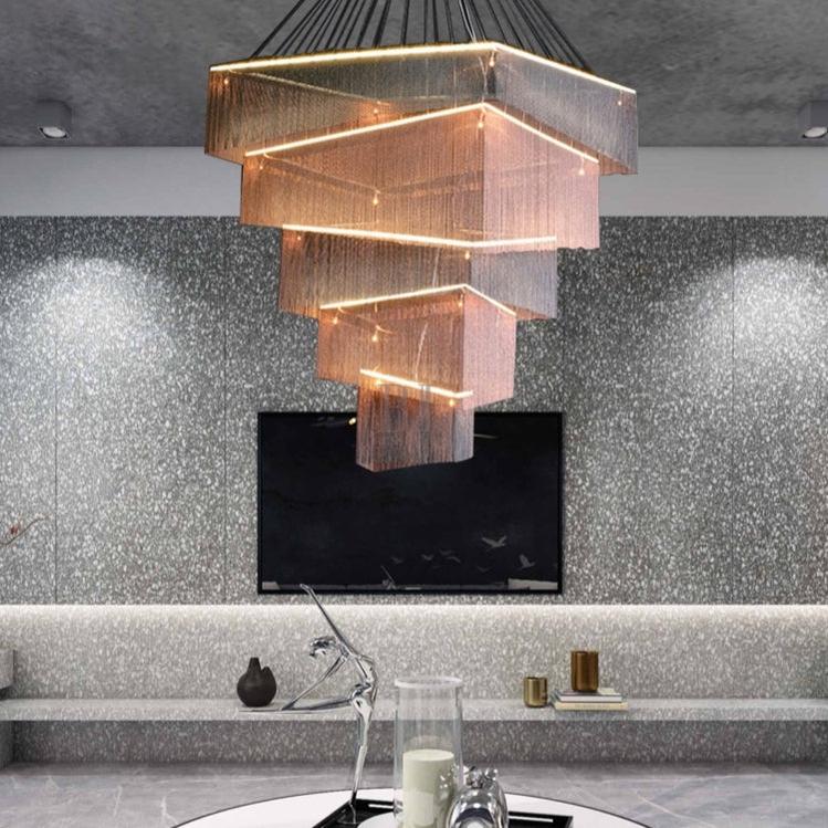 Extra Large Art Multi - tier Aluminum Chain Tassel Chandelier for High - Ceiling Room - L47.2"*W47.2"H78.7"PinkWarm Light - Manorlights