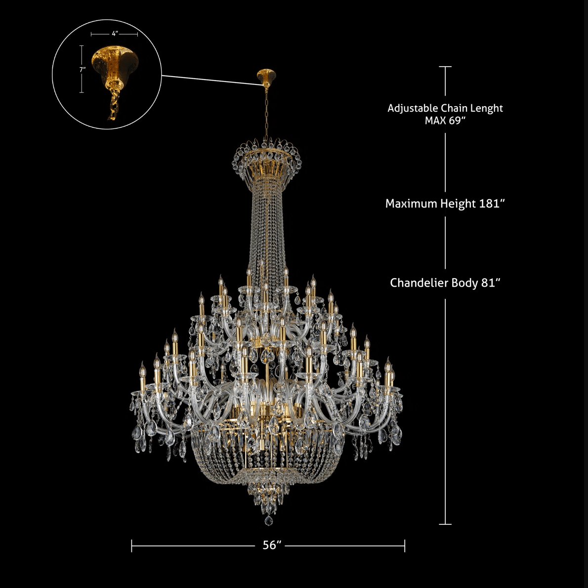 Extra Large European-style Multi-layers Candle Luxury Crystal Chandelier Gold Art Foyer/Staircase Decorative Light Fixture - 4 Layers /52+10 Lights/D57.1"*H78.7"(D145cm*H200cm)/120kgChromeWarm LightManorlights