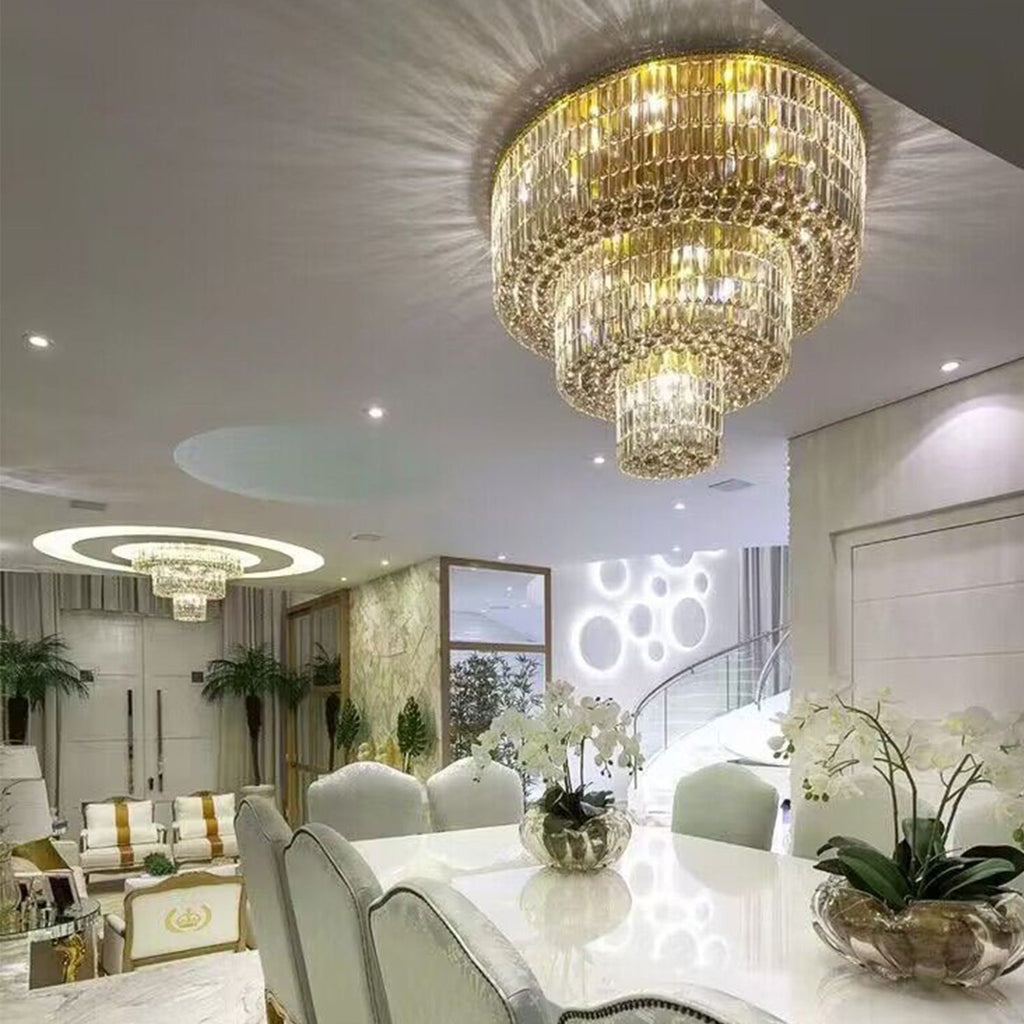 Extra Large Gold Flush Mount Crystal Light Round 3-layers Decorative Living Room/Dining Room Light Fixture-Chandeliers-Manorlights