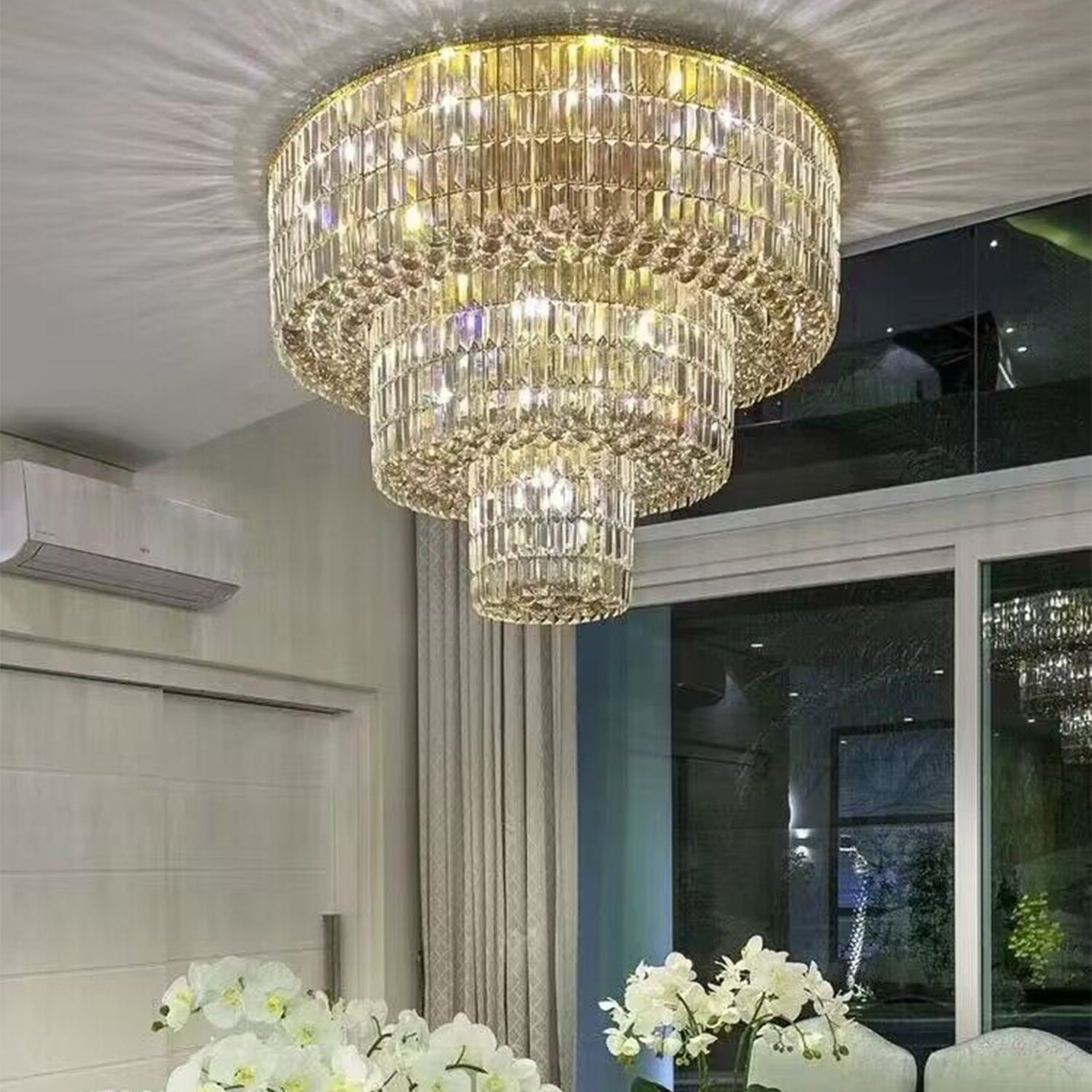 Extra Large Gold Flush Mount Crystal Light Round 3-layers Decorative Living Room/Dining Room Light Fixture-Chandeliers-Manorlights
