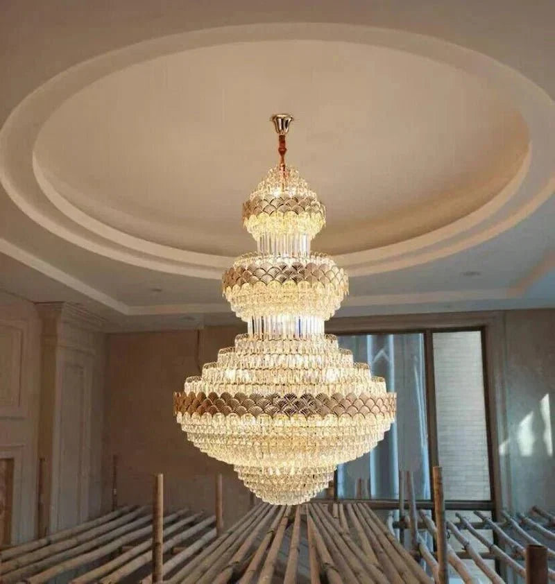 Extra Large Multi - layers Gold Luxury Crystal Chandelier Modern Empire Decrative Crystal Light For Living Room/Foyer/Staircase - D31.5"*H47.2"Warm LightBlushlighting
