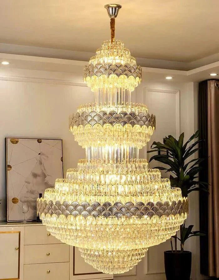 Extra Large Multi - layers Gold Luxury Crystal Chandelier Modern Empire Decrative Crystal Light For Living Room/Foyer/Staircase - D31.5"*H47.2"Warm LightBlushlighting