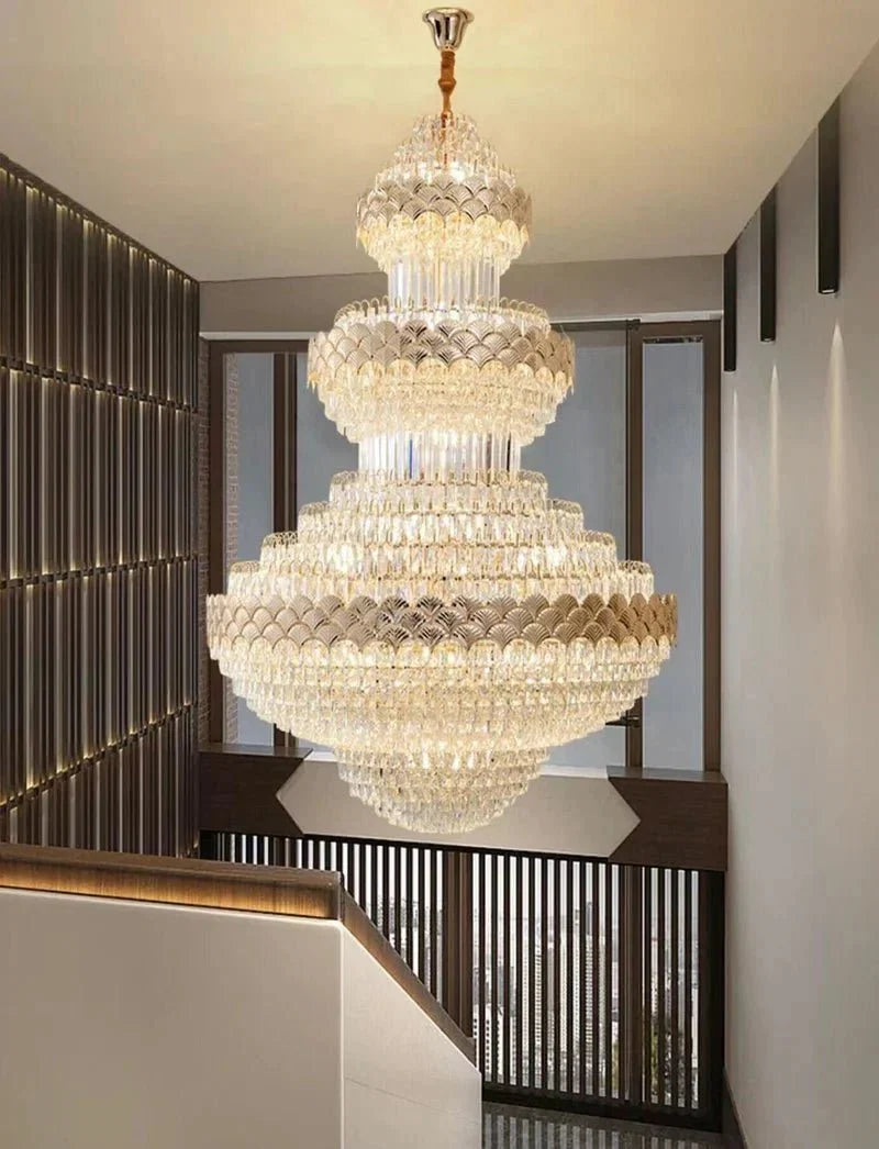 Extra Large Multi - layers Gold Luxury Crystal Chandelier Modern Empire Decrative Crystal Light For Living Room/Foyer/Staircase - D31.5"*H47.2"Warm LightBlushlighting