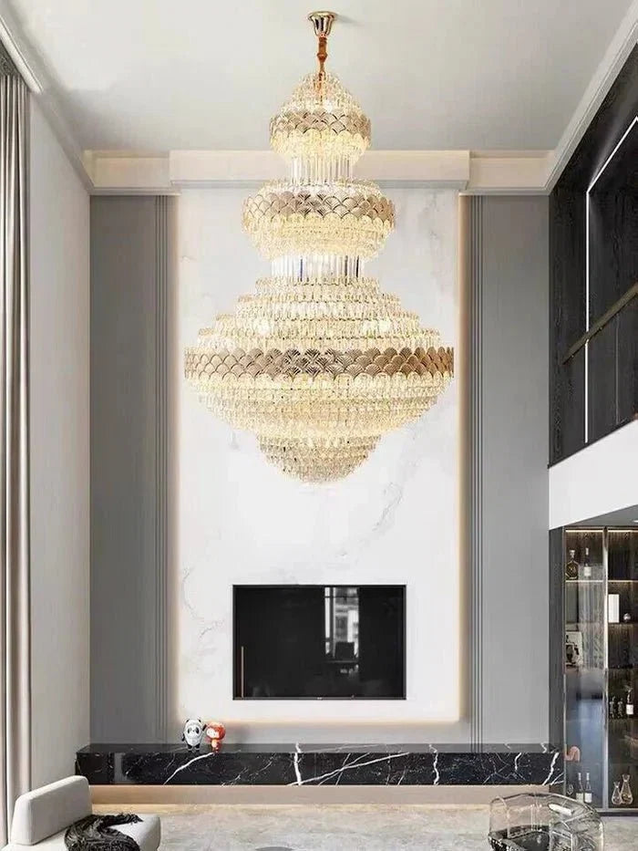 Extra Large Multi - layers Gold Luxury Crystal Chandelier Modern Empire Decrative Crystal Light For Living Room/Foyer/Staircase - D31.5"*H47.2"Warm LightBlushlighting