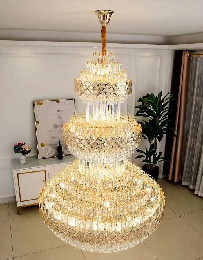 Extra Large Multi - layers Gold Luxury Crystal Chandelier Modern Empire Decrative Crystal Light For Living Room/Foyer/Staircase - D31.5"*H47.2"Warm LightBlushlighting