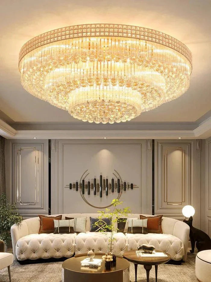 Extra Large Three Layers Round Luxury Flush Mounted Crystal Chandelier for Living Room-Manorlights