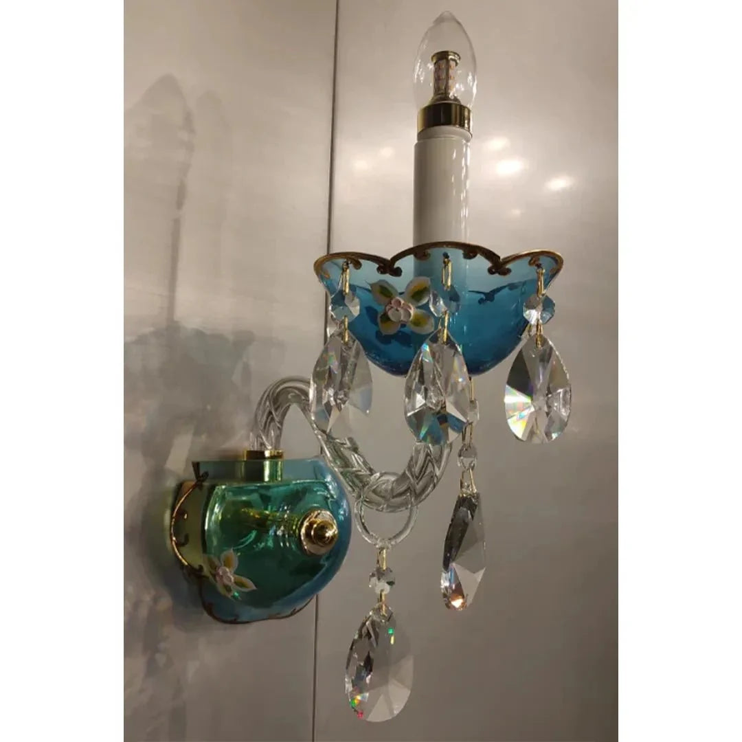French Romantic Blue Crystal Designer Chandelier for Bedroom/Living Room/Dining Room - 1 Light Wall Lamp: W5.12"*H13"Warm LightBlushlighting