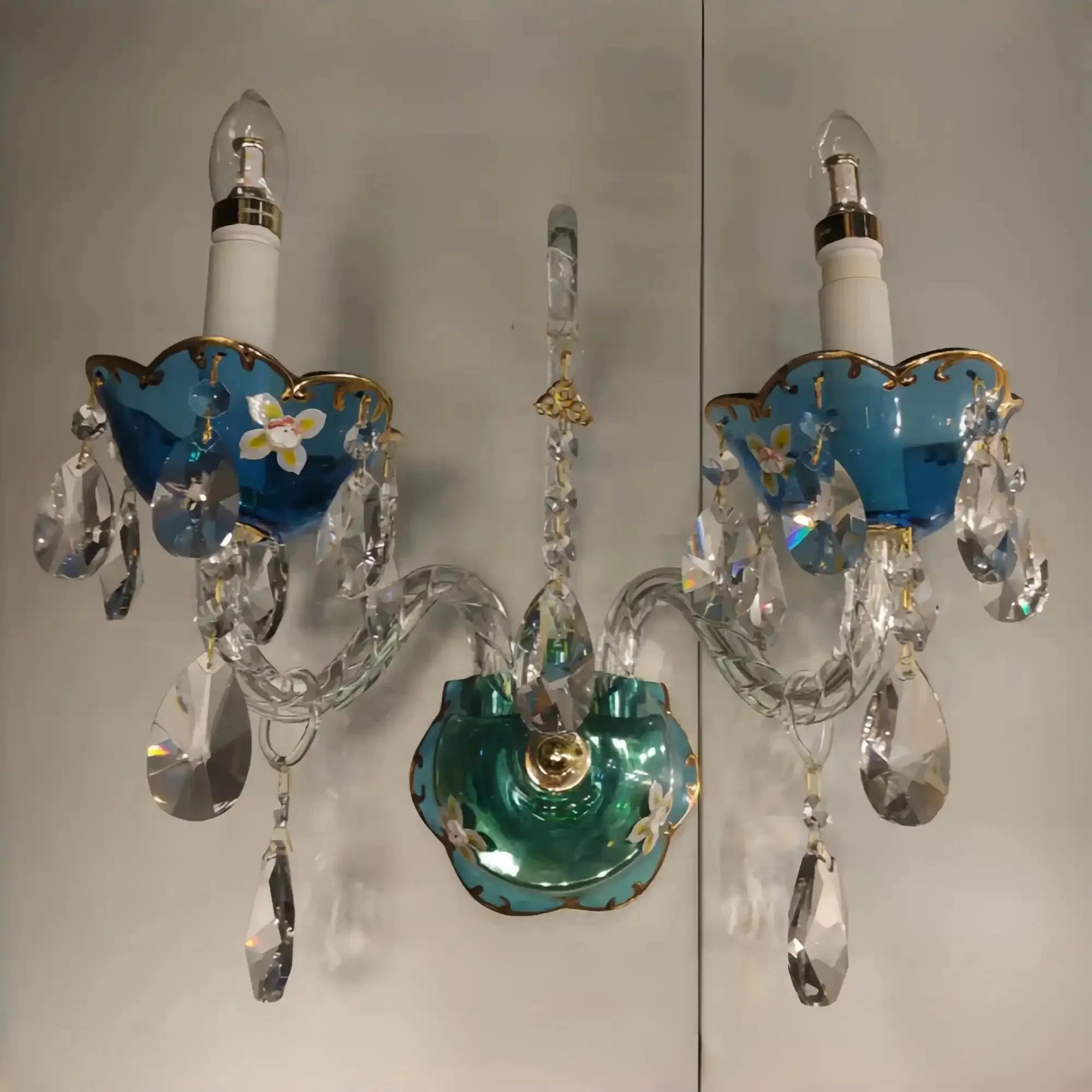 French Romantic Blue Crystal Designer Chandelier for Bedroom/Living Room/Dining Room - 2 Lights Wall Lamp: W14.96"*H13.78"Warm LightBlushlighting