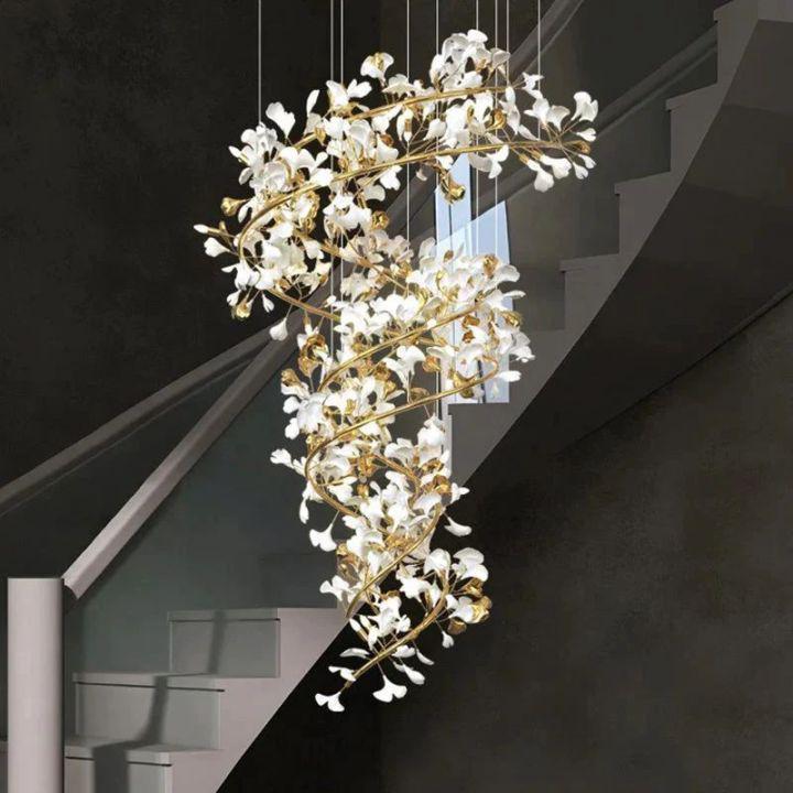Ginkgo Cascading B (Spiral) Branch Chandelier - White + gold accentsH150CM (H59")Manorlights