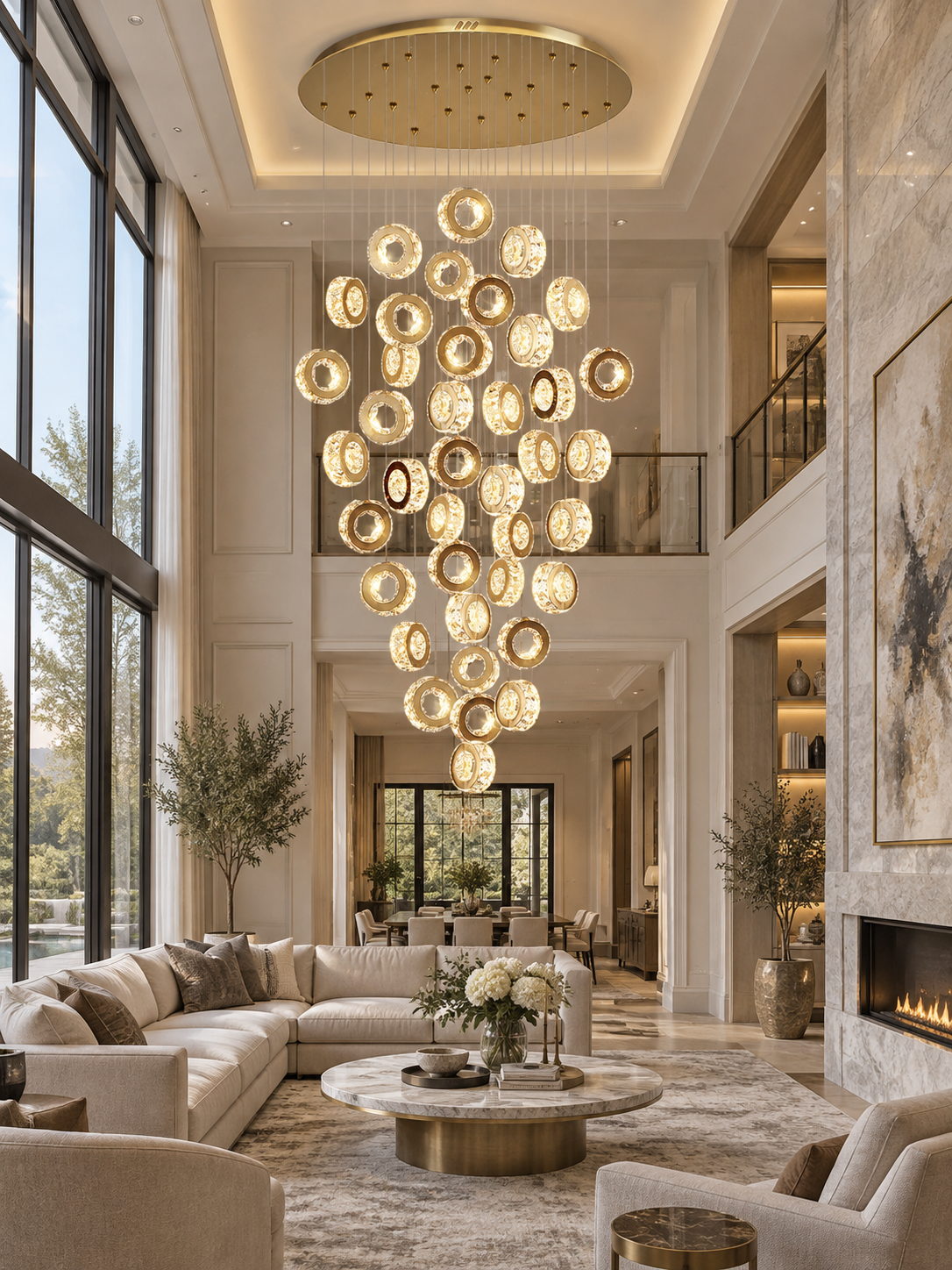 Gold Crystal Spiral Chandelier for Staircase Foyer with clustered crystal ring pendants above a luxury living room