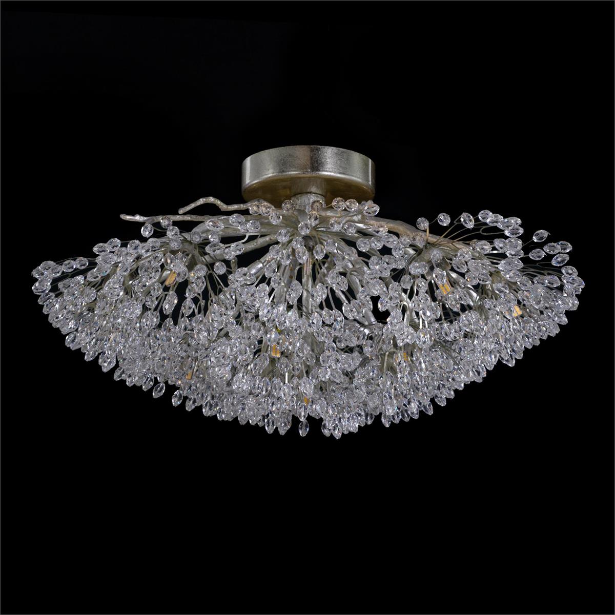 Hanasaku Flower Sixteen-Light Flush Mount in Antique Silver Leaf with Hand-Cut Crystal Accents-Flush Mount-Manorlights