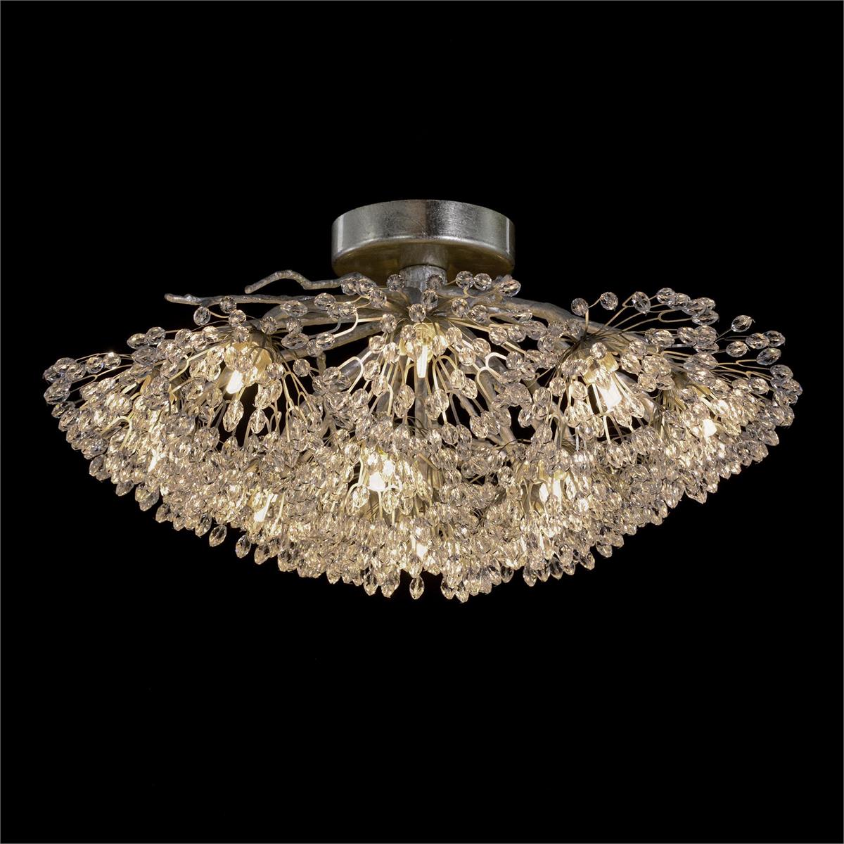 Hanasaku Flower Sixteen-Light Flush Mount in Antique Silver Leaf with Hand-Cut Crystal Accents-Flush Mount-Manorlights
