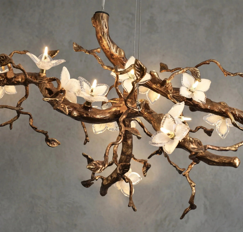 Handcrafted Sculptural Floral Branch Chandelier - ∅ 57.1″ x H 19.7″ x W 17.7″Gold + White + TransparentManorlights