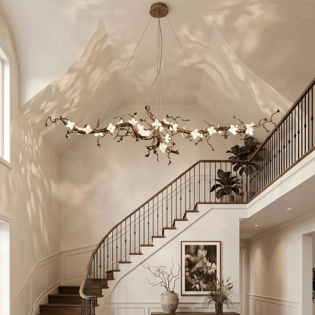 Handcrafted Sculptural Floral Branch Chandelier - ∅ 49.2″ x H 17.7″ x W 15.7″Gold + White + TransparentManorlights
